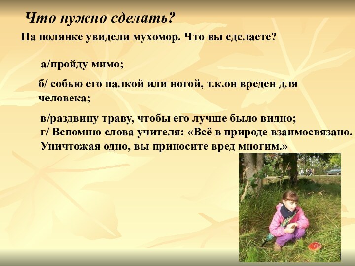 Что нужно сделать?На полянке увидели мухомор. Что вы сделаете?а/пройду мимо;б/ собью его