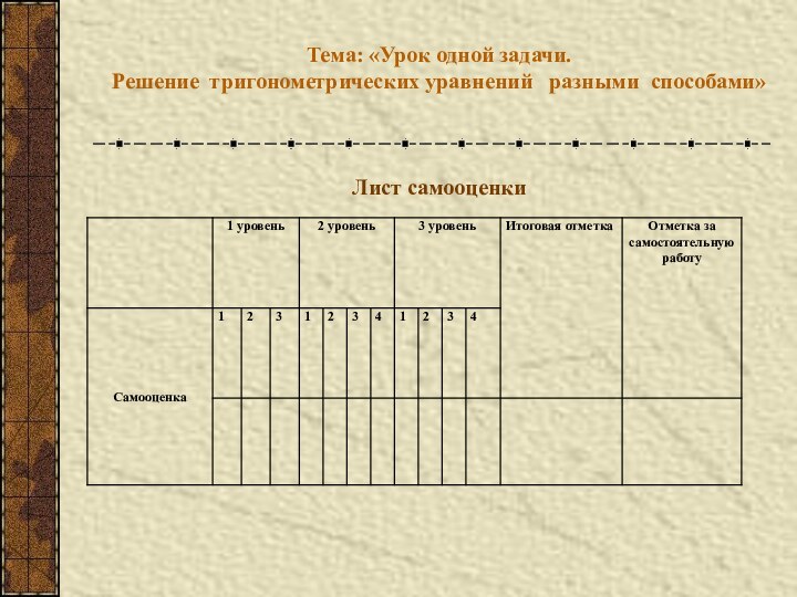 Тема: «Урок одной задачи. Решение тригонометрических уравнений  разными способами»Лист самооценки