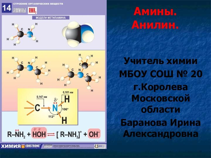 Амины. Анилин.Учитель химии МБОУ СОШ № 20г.Королева Московской областиБаранова Ирина Александровна