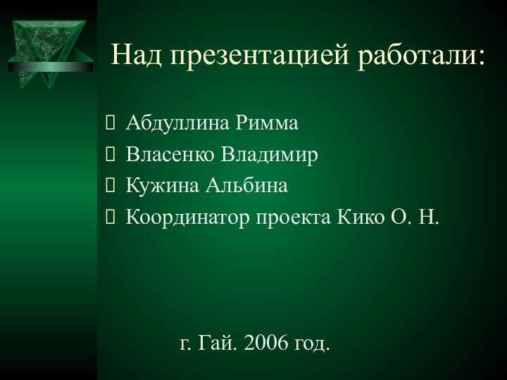 Над презентацией работали:Абдуллина РиммаВласенко ВладимирКужина АльбинаКоординатор проекта Кико О. Н.