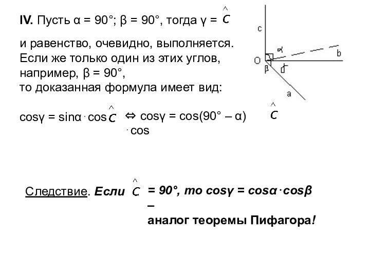 IV. Пусть α = 90°; β = 90°, тогда γ =и