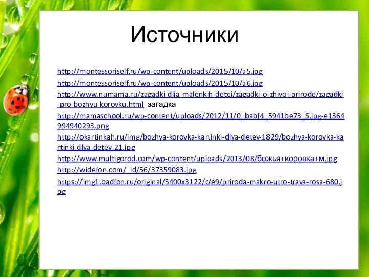 Источникиhttp://montessoriself.ru/wp-content/uploads/2015/10/a5.jpghttp://montessoriself.ru/wp-content/uploads/2015/10/a6.jpghttp://www.numama.ru/zagadki-dlja-malenkih-detei/zagadki-o-zhivoi-prirode/zagadki-pro-bozhyu-korovku.html загадкаhttp://mamaschool.ru/wp-content/uploads/2012/11/0_babf4_5941be73_S.jpg-e1364994940293.pnghttp://okartinkah.ru/img/bozhya-korovka-kartinki-dlya-detey-1829/bozhya-korovka-kartinki-dlya-detey-21.jpghttp://www.multigorod.com/wp-content/uploads/2013/08/божья+коровка+м.jpghttp://widefon.com/_ld/56/37359083.jpghttps://img1.badfon.ru/original/5400x3122/c/e9/priroda-makro-utro-trava-rosa-680.jpg