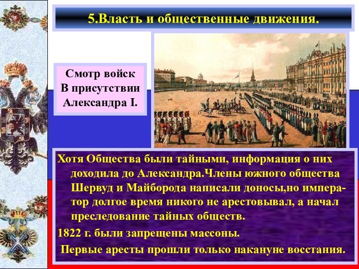 Хотя Общества были тайными, информация о них доходила до Александра.Члены южного общества