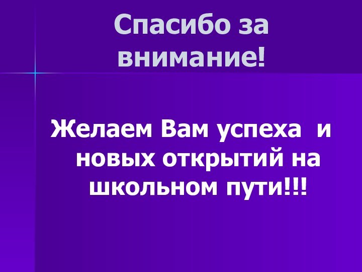 Спасибо за внимание!Желаем Вам успеха и новых открытий на школьном пути!!!