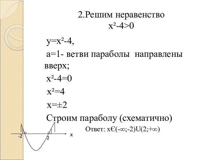 2.Решим неравенство х²-4>0	у=х²-4, 	а=1- ветви параболы направлены вверх;	х²-4=0  х²=4  х=±2	Строим параболу (схематично)х-22Ответ: хЄ(-∞;-2)U(2;+∞)