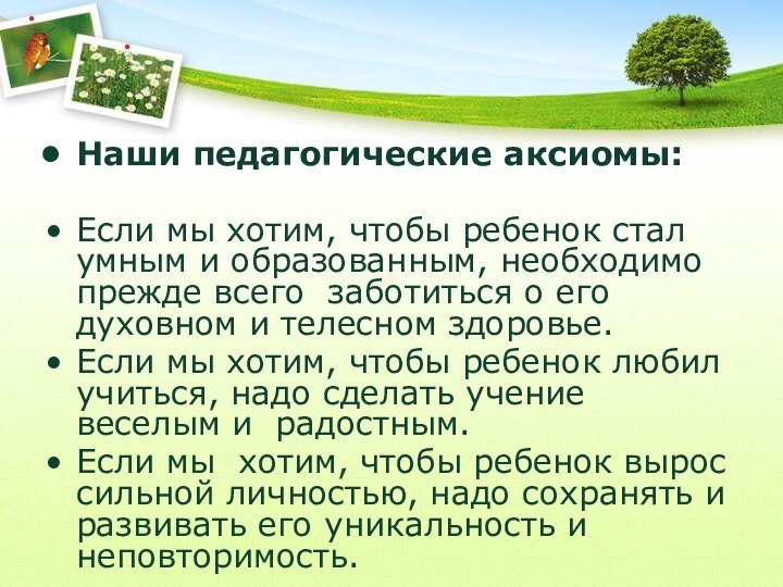 Наши педагогические аксиомы:Если мы хотим, чтобы ребенок стал умным и образованным, необходимо