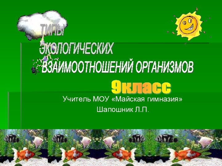 Учитель МОУ «Майская гимназия» Шапошник Л.П.9класс ТИПЫ  ЭКОЛОГИЧЕСКИХ   ВЗАИМООТНОШЕНИЙ ОРГАНИЗМОВ