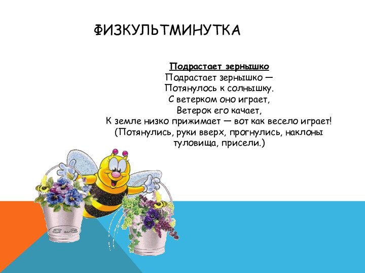 ФИЗКУЛЬТМИНУТКАПодрастает зернышко Подрастает зернышко — Потянулось к солнышку. С ветерком оно играет,