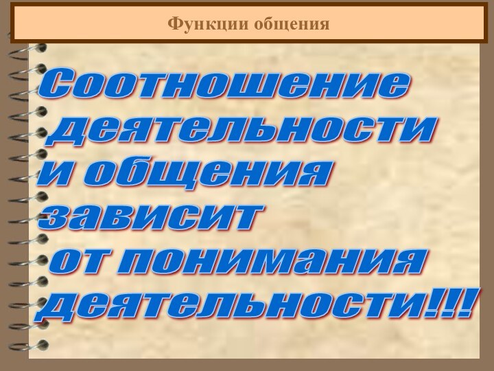 Функции общенияСоотношение   деятельности  и общения  зависит   от понимания  деятельности!!!