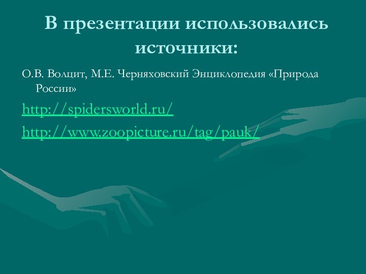 В презентации использовались источники:О.В. Волцит, М.Е. Черняховский Энциклопедия «Природа России»http://spidersworld.ru/http://www.zoopicture.ru/tag/pauk/