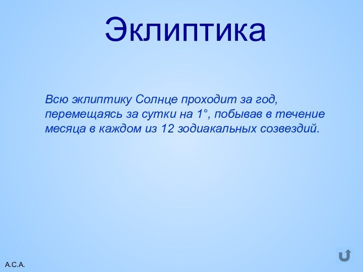 А.С.А.Эклиптика Всю эклиптику Солнце проходит за год, перемещаясь за сутки на 1°,