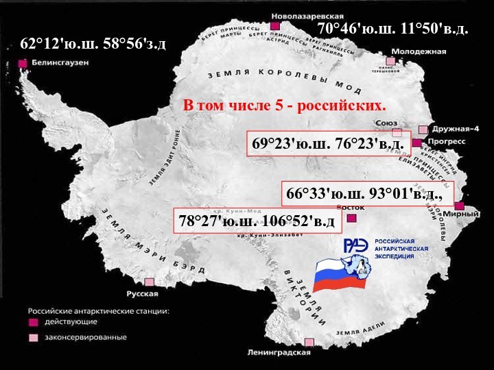 В том числе 5 - российских.62°12'ю.ш. 58°56'з.д78°27'ю.ш. 106°52'в.д66°33'ю.ш. 93°01'в.д., 69°23'ю.ш. 76°23'в.д.70°46'ю.ш. 11°50'в.д.