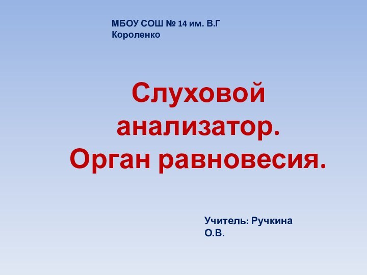 МБОУ СОШ № 14 им. В.Г КороленкоСлуховой анализатор.Орган равновесия.Учитель: Ручкина О.В.