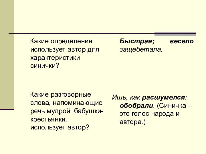 Какие определения использует автор для характеристики синички?   Какие