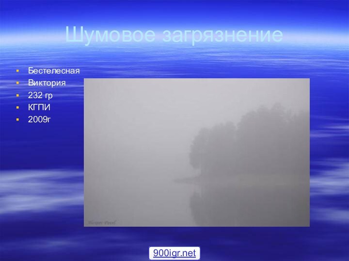 Шумовое загрязнениеБестелесная Виктория232 грКГПИ2009г