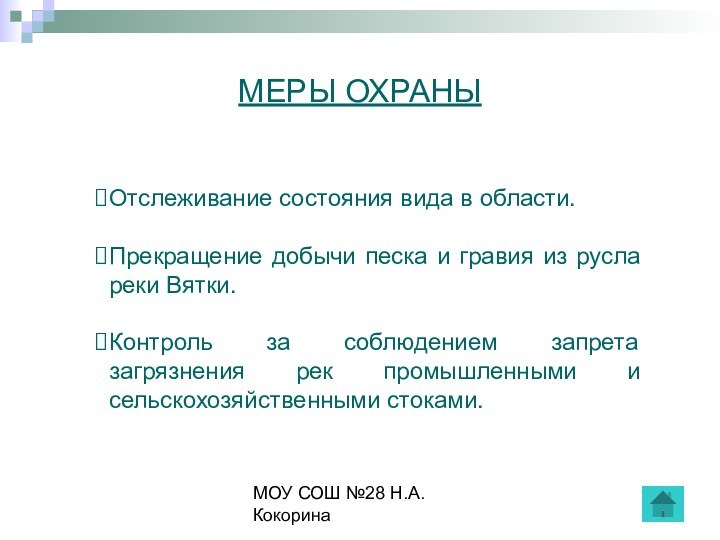 МОУ СОШ №28 Н.А.КокоринаМЕРЫ ОХРАНЫОтслеживание состояния вида в области.Прекращение добычи песка и