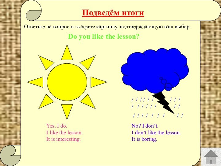 Подведём итогиОтветьте на вопрос и выберите картинку, подтверждающую ваш выбор.Do you like