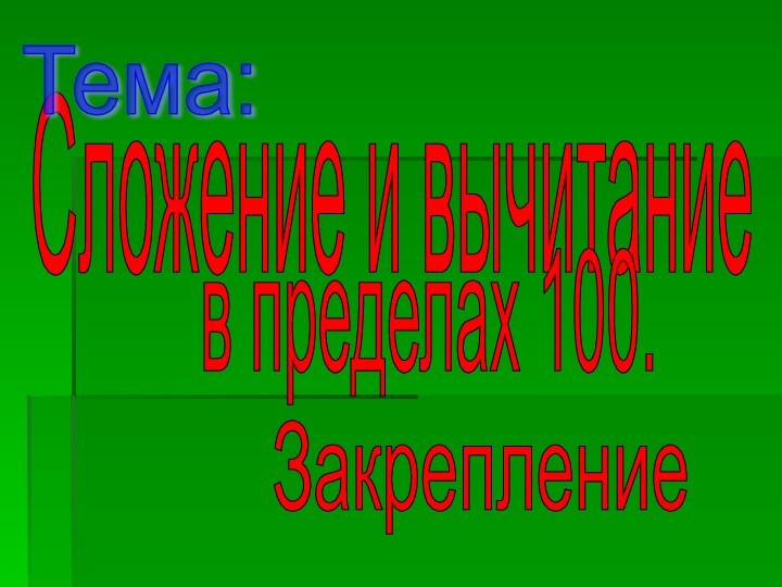 Сложение и вычитание в пределах 100. Закрепление Тема: