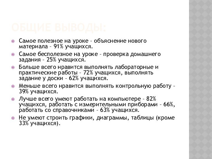 ОБЩИЕ ВЫВОДЫ:Самое полезное на уроке – объяснение нового материала – 91% учащихся.Самое