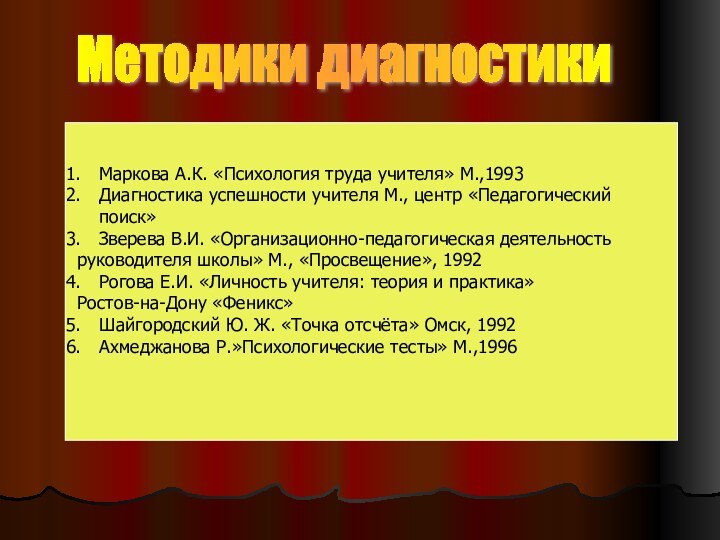 Методики диагностики Маркова А.К. «Психология труда учителя» М.,1993Диагностика успешности учителя М., центр