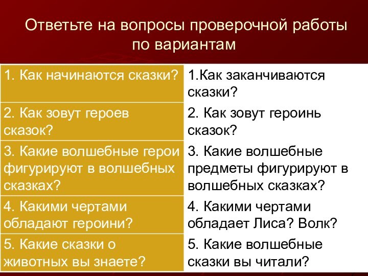 Ответьте на вопросы проверочной работы по вариантам