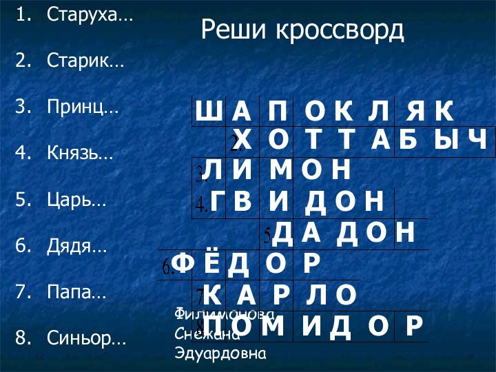 Филимонова Снежана ЭдуардовнаРеши кроссвордСтаруха…Старик…Принц…Князь…Царь…Дядя…Папа…Синьор…Ш А П О К Л Я КХ О