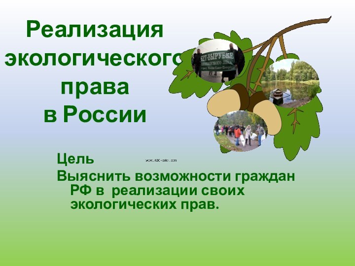 Реализация экологического права в РоссииЦельВыяснить возможности граждан РФ в реализации своих экологических прав.http://www.nosmoking.ru/http://grani.ruhttp://ikrim.net/