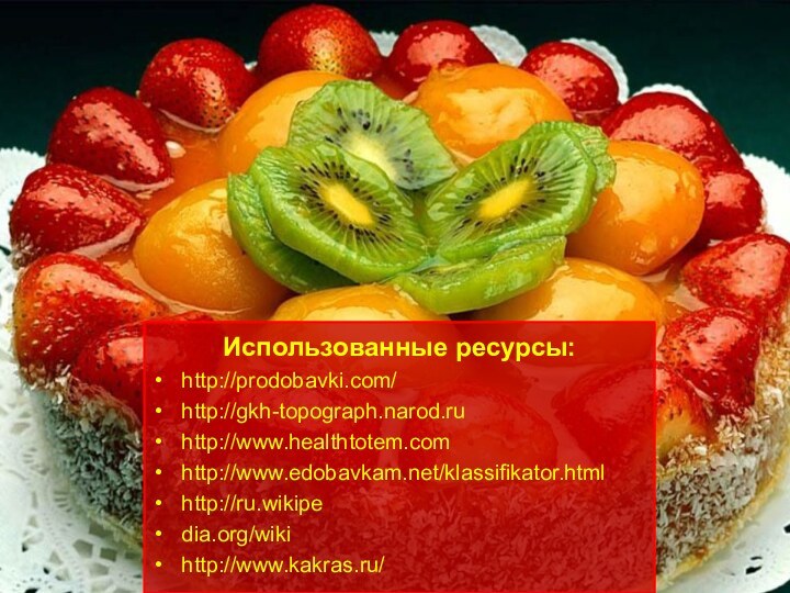 Использованные ресурсы:http://prodobavki.com/http://gkh-topograph.narod.ruhttp://www.healthtotem.comhttp://www.edobavkam.net/klassifikator.htmlhttp://ru.wikipedia.org/wikihttp://www.kakras.ru/