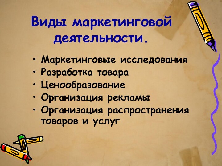 Виды маркетинговой деятельности.Маркетинговые исследованияРазработка товараЦенообразованиеОрганизация рекламыОрганизация распространения товаров и услуг