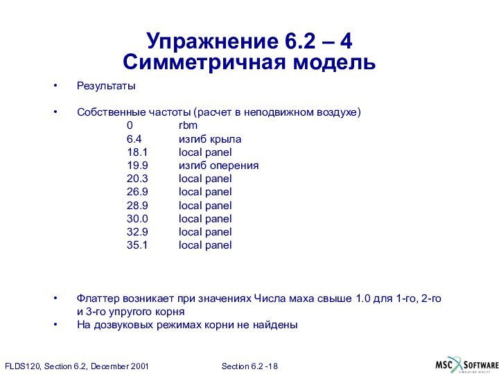 Упражнение 6.2 – 4 Симметричная модельРезультатыСобственные частоты (расчет в неподвижном воздухе)0