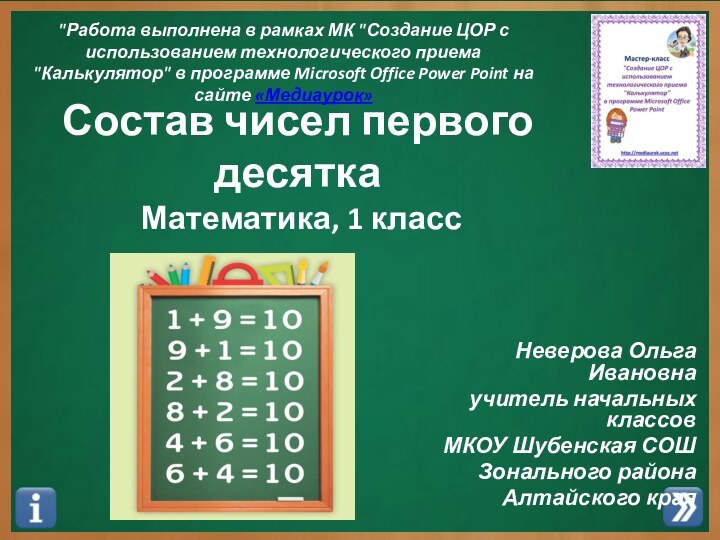 Неверова Ольга Ивановна учитель начальных классов МКОУ Шубенская СОШ Зонального района Алтайского