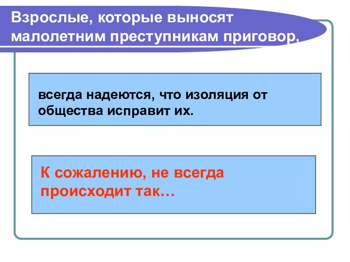 Взрослые, которые выносят малолетним преступникам приговор,всегда надеются, что изоляция от общества исправит