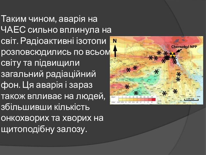 Таким чином, аварія на ЧАЕС сильно вплинула на світ. Радіоактивні ізотопи розповсюдились