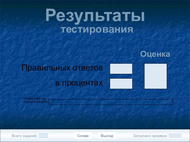 Всего заданийЗатрачено времениСноваВыходПравильных ответовв процентахОценкаРезультаты  тестированияОшибки в выборе ответов на задания: