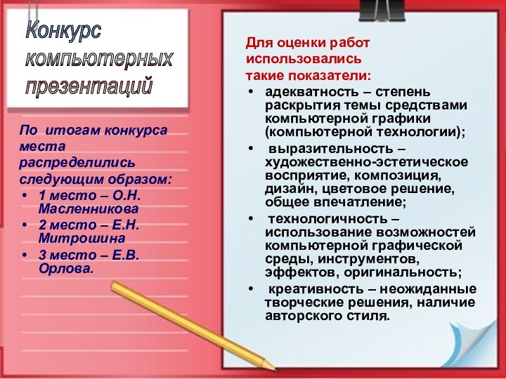 По итогам конкурсаместараспределилисьследующим образом:1 место – О.Н.Масленникова2 место – Е.Н.Митрошина3 место –