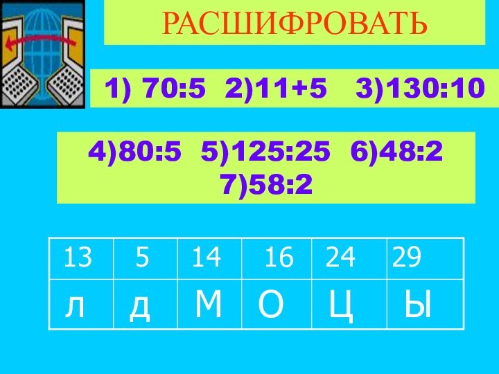 РАСШИФРОВАТЬ1) 70:5 2)11+5  3)130:104)80:5 5)125:25 6)48:2 7)58:2