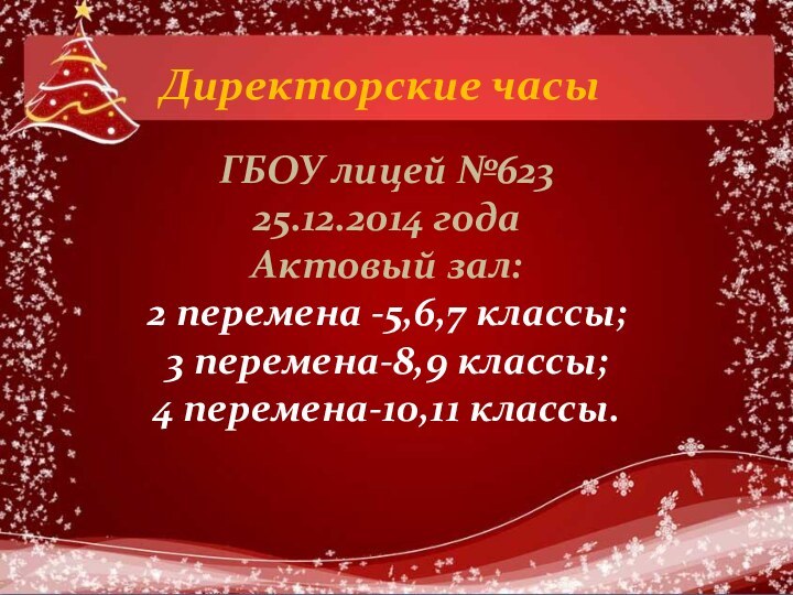 Директорские часыГБОУ лицей №62325.12.2014 года Актовый зал:2 перемена -5,6,7 классы;3 перемена-8,9 классы;4 перемена-10,11 классы.