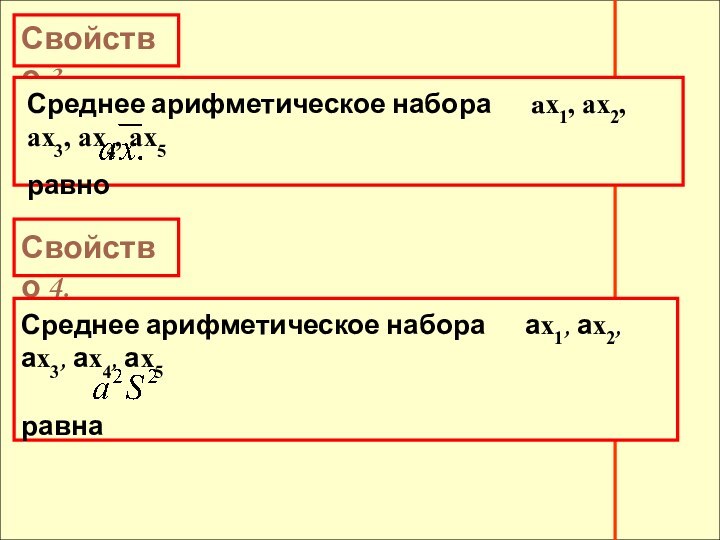 Свойство 3.Среднее арифметическое набора 	ах1, ах2, ах3, ах4, ах5равно  Свойство 4.Среднее