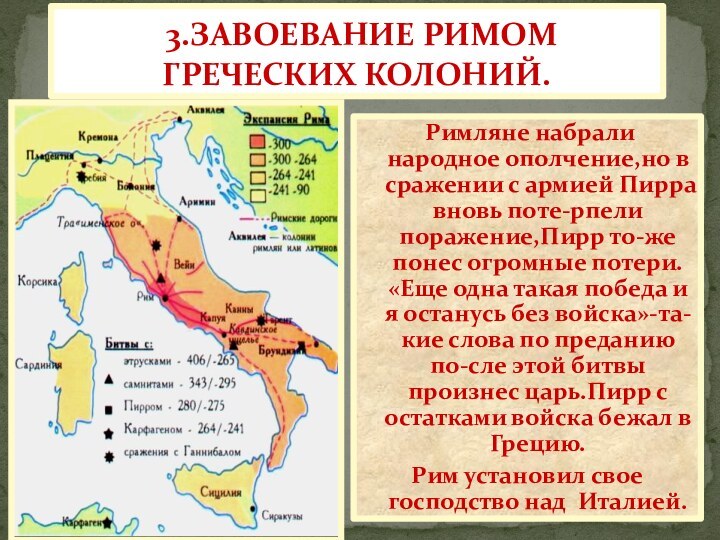 3.ЗАВОЕВАНИЕ РИМОМ ГРЕЧЕСКИХ КОЛОНИЙ. Римляне набрали народное ополчение,но в сражении с