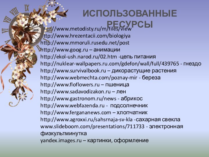 ИСПОЛЬЗОВАННЫЕ РЕСУРСЫhttp://www.metodisty.ru/m/files/viewhttp://www.hrezentacii.com/biologiyahttp://www.mmoruli.rusedu.net/posthttp://www.goog.ru – анимацииhttp://ekol-ush.narod.ru/02.htm -цепь питанияhttp://nuklear-wallpapers.ru.com/gdefon/wall/full/439765 - гнездоhttp://www.survivalbook.ru – дикорастущие растенияhttp://www.webmechta.com/poznay-mir -