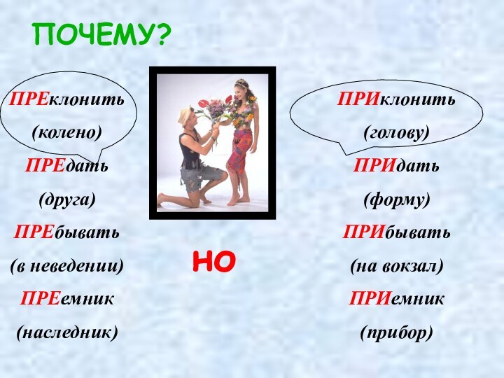 ПОЧЕМУ?ноПРЕклонить(колено)ПРЕдать(друга)ПРЕбывать(в неведении)ПРЕемник (наследник)ПРИклонить(голову)ПРИдать(форму)ПРИбывать(на вокзал)ПРИемник(прибор)