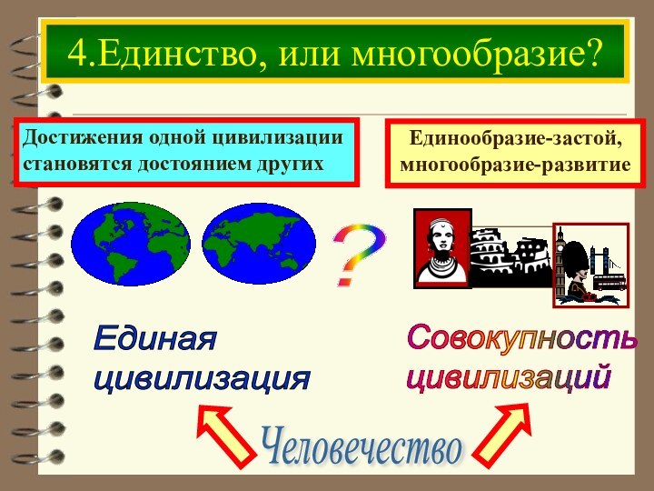 4.Единство, или многообразие?Человечество?Единообразие-застой,многообразие-развитие Достижения одной цивилизациистановятся достоянием других