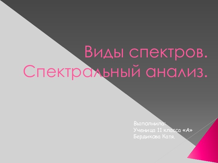 Виды спектров. Спектральный анализ.Выполнила:Ученица 11 класса «А»Бердикова Катя.