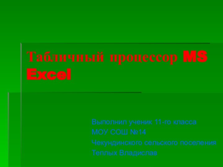 Табличный процессор MS Excel Выполнил ученик 11-го классаМОУ СОШ №14Чекундинского сельского поселенияТеплых Владислав