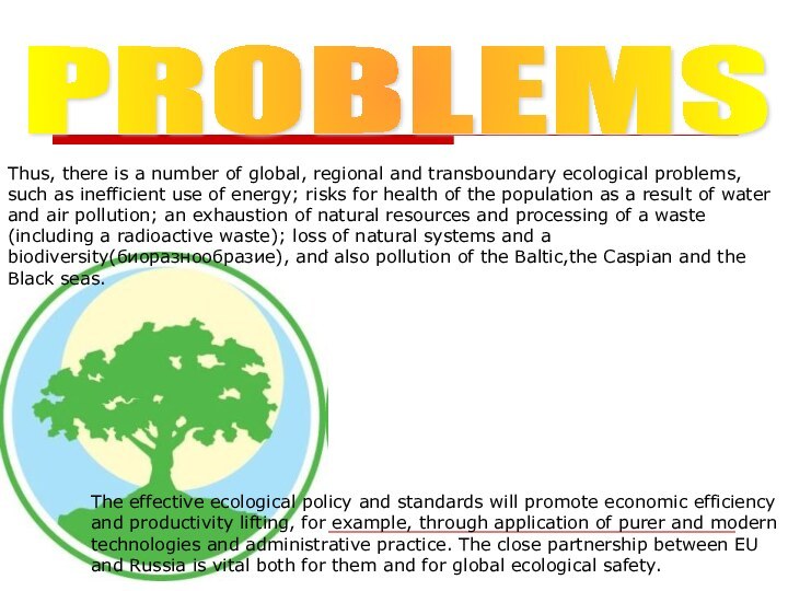 PROBLEMS Thus, there is a number of global, regional and transboundary ecological