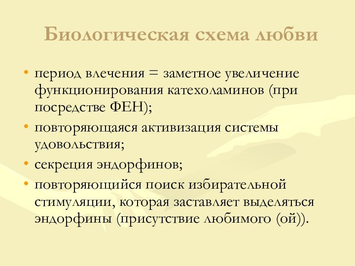 Биологическая схема любвипериод влечения = заметное увеличение функционирования катехоламинов (при посредстве ФЕН);