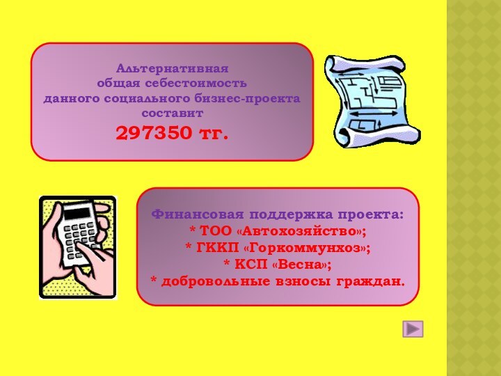 Альтернативная общая себестоимость данного социального бизнес-проекта составит 297350 тг.Финансовая поддержка проекта: *