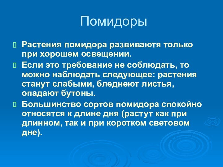 ПомидорыРастения помидора развиваютя только при хорошем освещении. Если это требование не соблюдать,