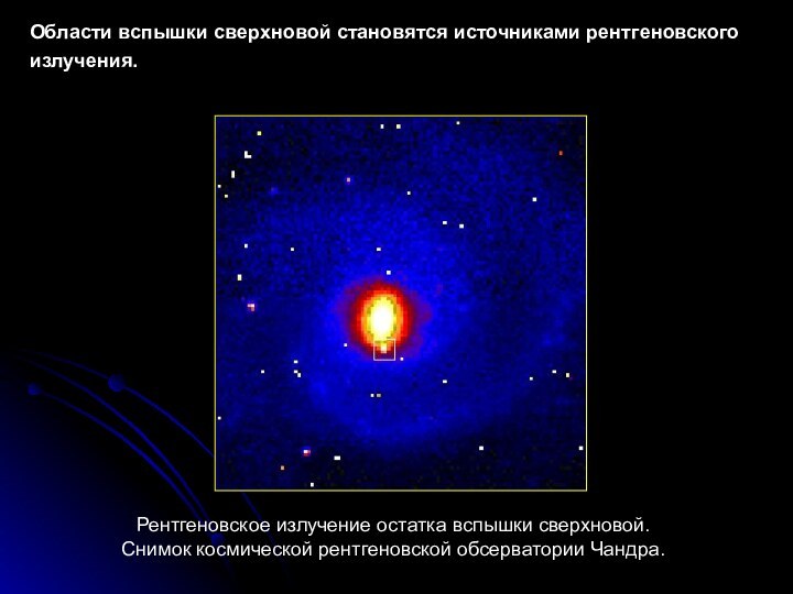 Области вспышки сверхновой становятся источниками рентгеновского излучения. Рентгеновское излучение остатка вспышки сверхновой.