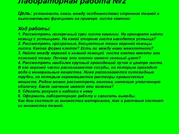 Лабораторная работа №2  Цель: установить связь между особенностями строения тканей